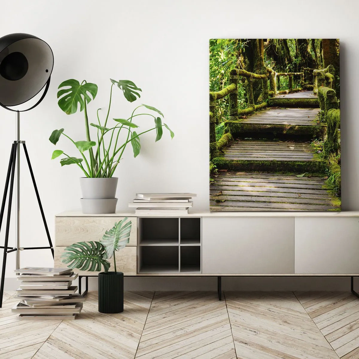 Impression sur toile - Image sur toile - Un pont en bois recouvert de mousse dans une forêt tropicale - 50x70cm - Un couloir de verdure - Décoration murale moderne pour le salon et la chambre ARTTOR