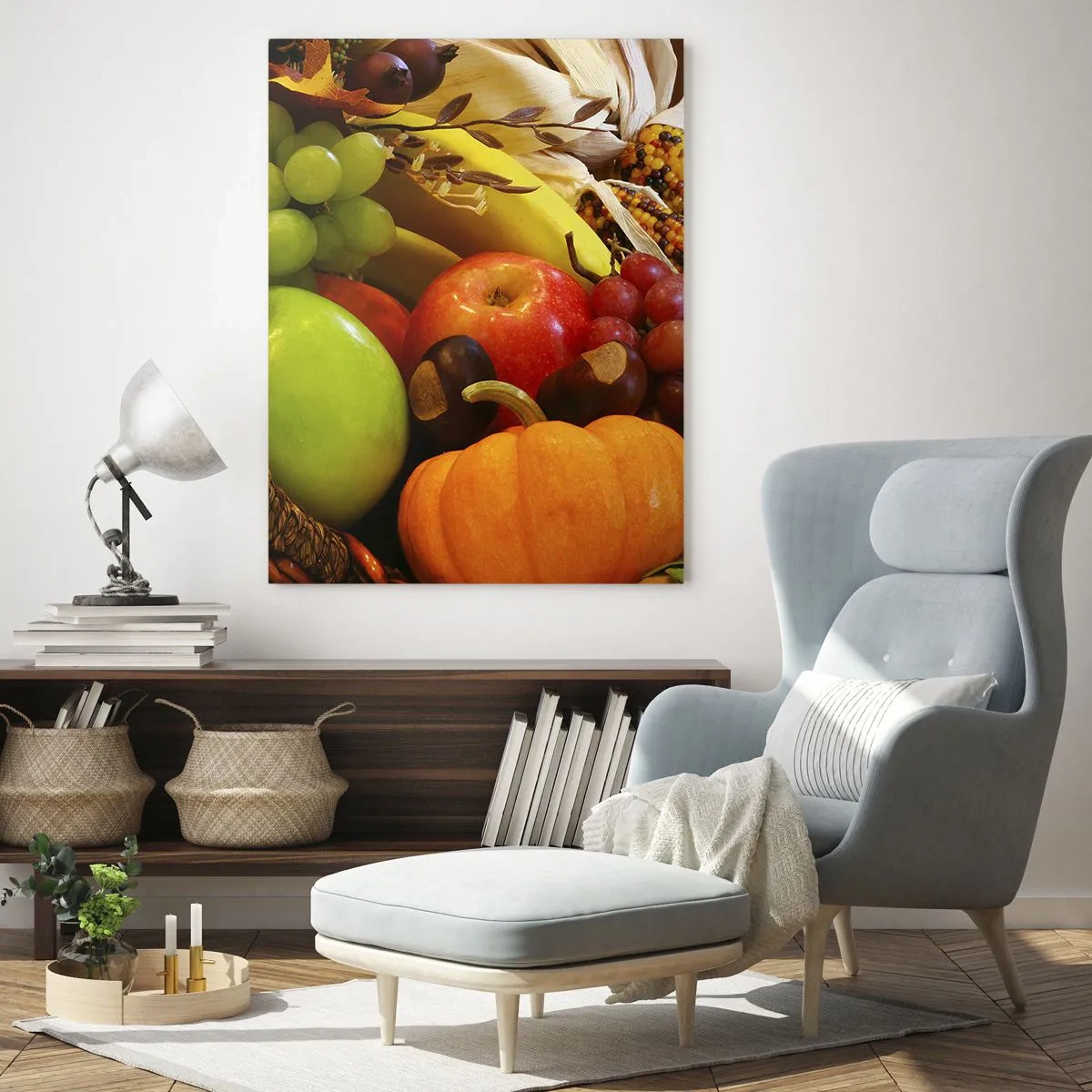 Impression sur verre - Image sur verre - Un panier de fruits, de citrouilles et de maïs sur fond de couleurs d'automne. - 70x100cm - Panier de récolte - Décoration murale moderne pour le salon et la chambre ARTTOR