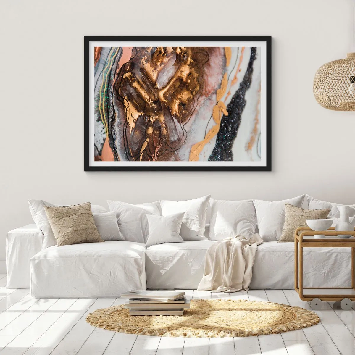 Affiche dans un cadre noir - Poster - Composition abstraite avec des éléments d'or et de cristaux - 100x70cm - Élément de la terre - Décoration murale moderne pour le salon et la chambre ARTTOR