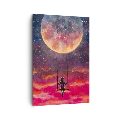 Impression sur toile - Image sur toile - Une silhouette sur une balançoire suspendue contre la lune - 70x100cm - Se balancer dans les nuages - Décoration murale moderne pour le salon et la chambre ARTTOR