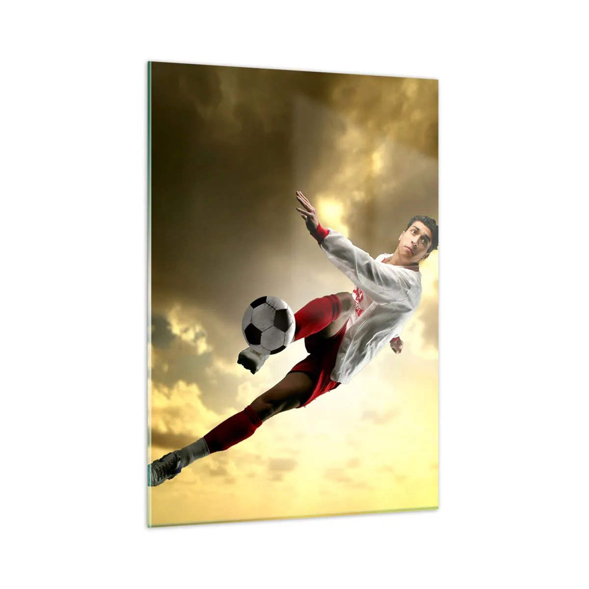 Impression sur verre - Image sur verre - Un joueur de football en action contre un ciel doré - 50x70cm - Le paradis du football - Décoration murale moderne pour le salon et la chambre ARTTOR