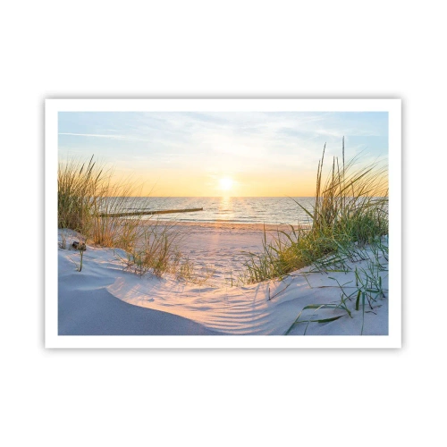 Affiche - Poster - Une plage de sable avec vue sur le coucher de soleil sur la mer - 100x70cm - Le bruit de la mer, le chant des oiseaux, une plage sauvage parmi les herbes… - Décoration murale moderne pour le salon et la chambre ARTTOR