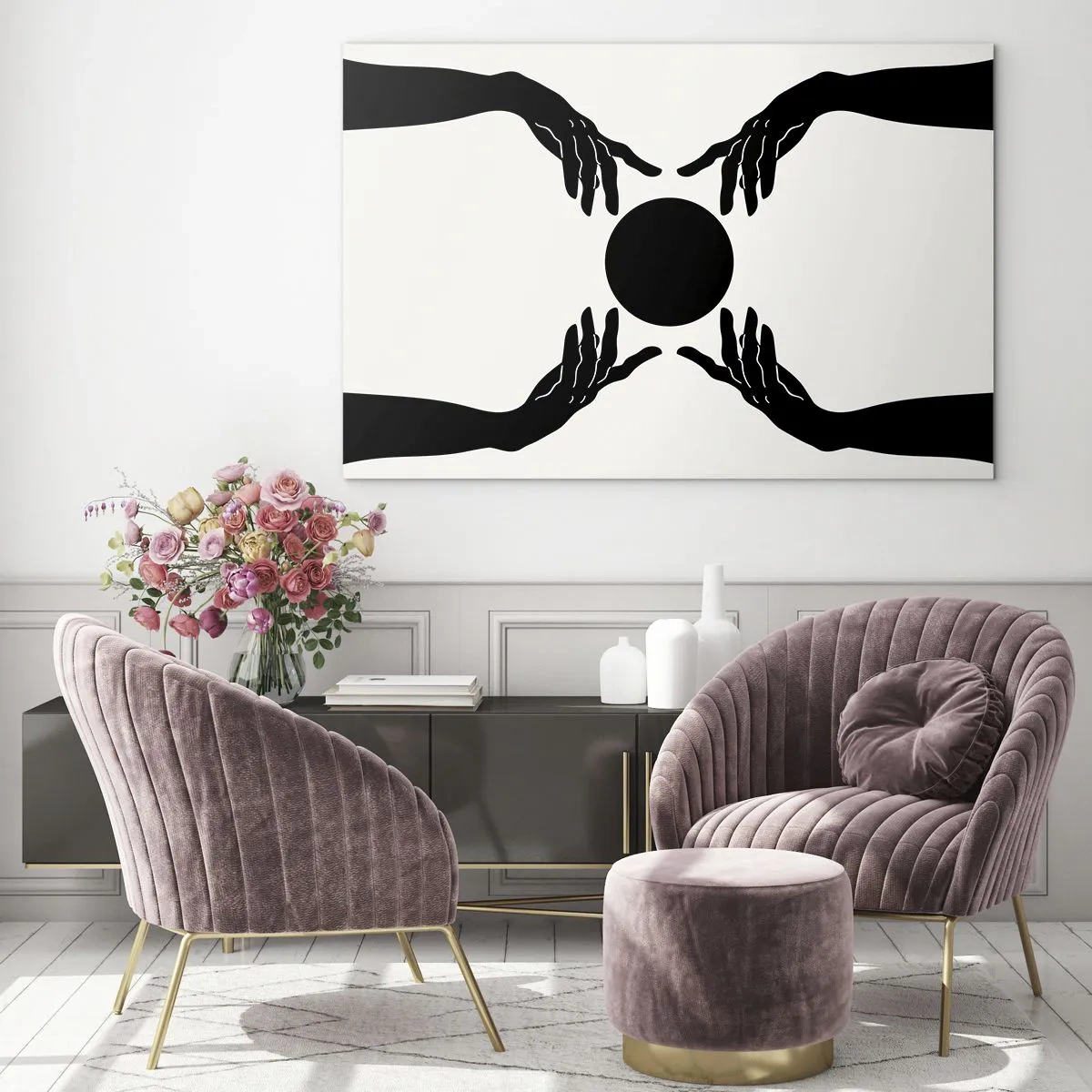 Impression sur verre - Image sur verre - Mains noires autour d'un cercle noir sur fond clair - 120x80cm - Signe secret - Décoration murale moderne pour le salon et la chambre ARTTOR
