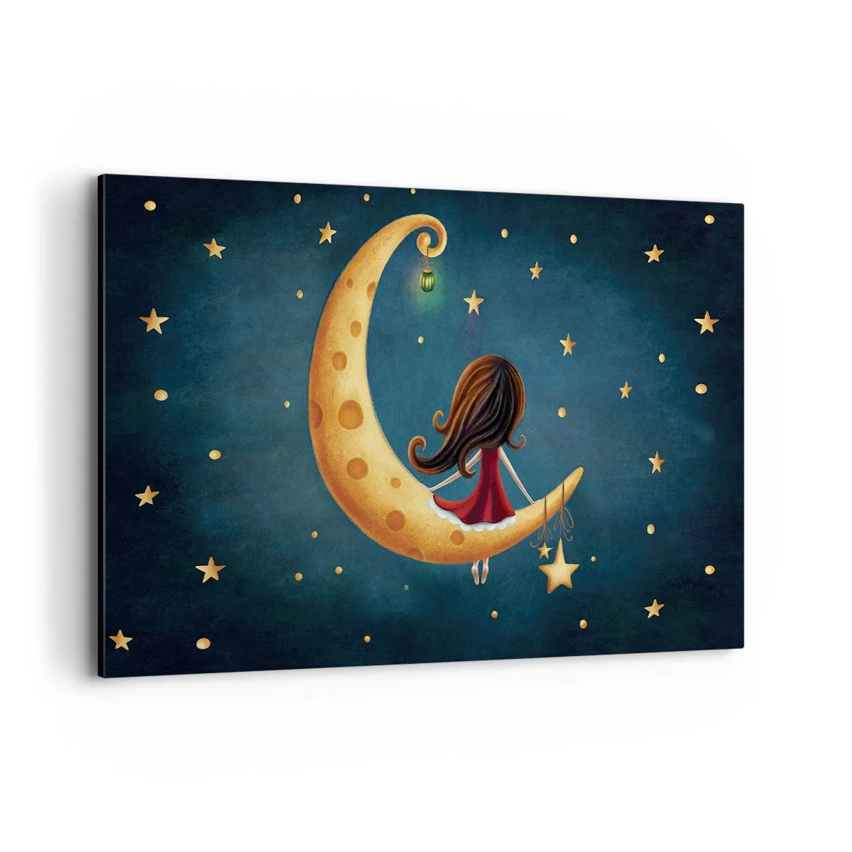 Impression sur toile - Image sur toile - Une fille sur la lune entourée d'étoiles - 120x80cm - Il était une fois... - Décoration murale moderne pour le salon et la chambre ARTTOR