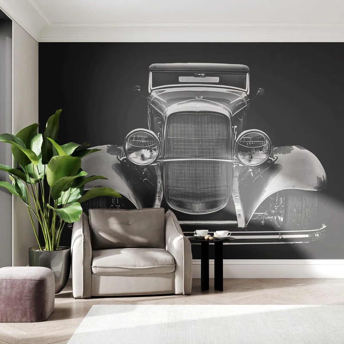 Papier Peint Photo Premium Sand - Une vue frontale d'une voiture ancienne sur fond noir - 100x70cm - Un vrai gentleman - Décoration murale moderne pour le salon et la chambre ARTTOR