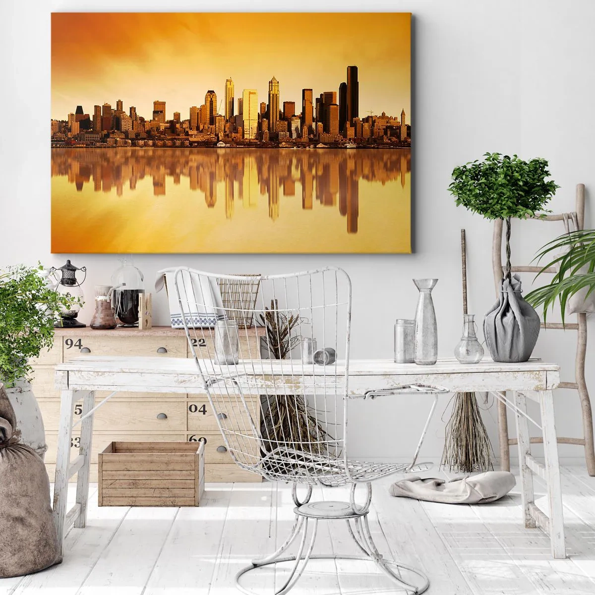 Impression sur toile - Image sur toile - Panorama de la ville reflété dans l'eau au coucher du soleil - 100x70cm - Le silence de la métropole - Décoration murale moderne pour le salon et la chambre ARTTOR