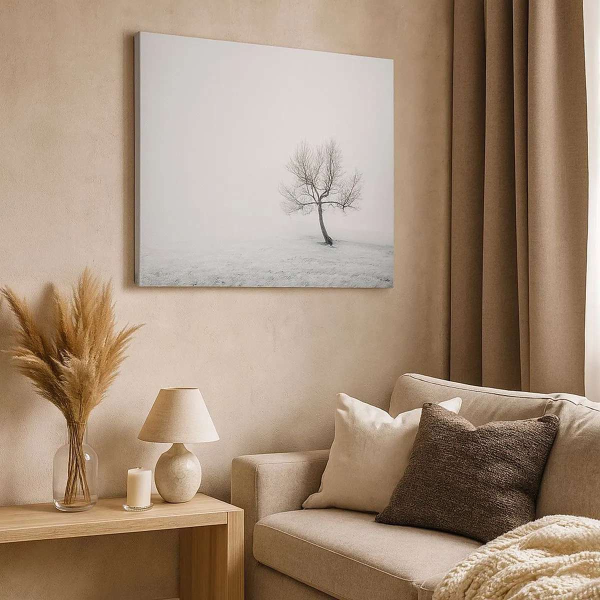 Impression sur toile - Image sur toile - Un arbre solitaire dans le brouillard hivernal dans un champ vide - 70x50cm - Contre le néant - Décoration murale moderne pour le salon et la chambre ARTTOR