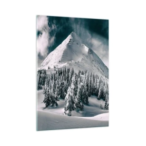 Impression sur verre - Image sur verre - Paysage de montagne hivernal avec des sommets enneigés et une forêt - 50x70cm - Le pays de la neige et de la glace - Décoration murale moderne pour le salon et la chambre ARTTOR