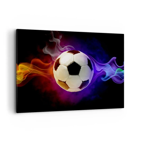 Impression sur toile - Image sur toile - Un ballon de football entouré d'effets de fumée colorés sur un fond sombre. - 100x70cm - Le pouvoir magique du jeu - Décoration murale moderne pour le salon et la chambre ARTTOR