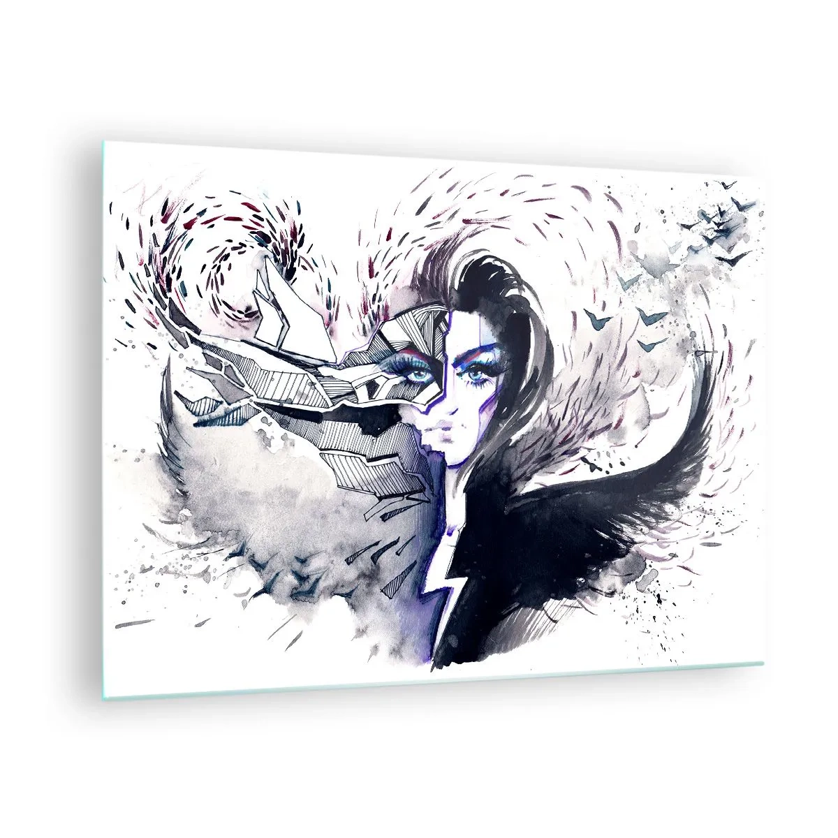 Impression sur verre - Image sur verre - Portrait abstrait avec des éléments dynamiques et du noir - 70x50cm - Démoniaque et belle - Décoration murale moderne pour le salon et la chambre ARTTOR