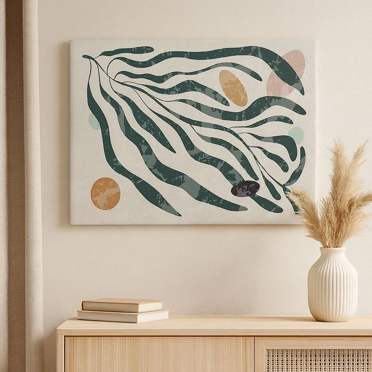 Impression sur toile - Image sur toile - Lignes et formes organiques en vert et beige - 70x50cm - Parmi la verdure - Décoration murale moderne pour le salon et la chambre ARTTOR