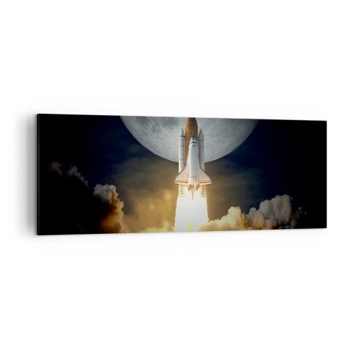Impression sur toile - Image sur toile - Une fusée décollant sur fond de pleine lune entourée de nuages dynamiques. - 140x50cm - Le début d'une aventure surnaturelle - Décoration murale moderne pour le salon et la chambre ARTTOR