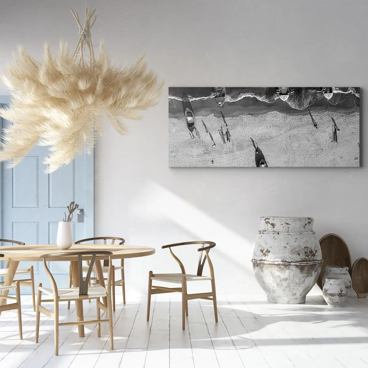 Impression sur toile - Image sur toile - Vue aérienne en noir et blanc de bateaux sur la plage - 140x50cm - Toujours sur le rivage… - Décoration murale moderne pour le salon et la chambre ARTTOR