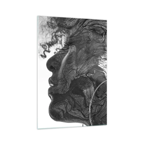 Impression sur verre - Image sur verre - Visage abstrait en noir et blanc avec des lignes dynamiques. - 70x100cm - Emmêlé dans les rêves - Décoration murale moderne pour le salon et la chambre ARTTOR