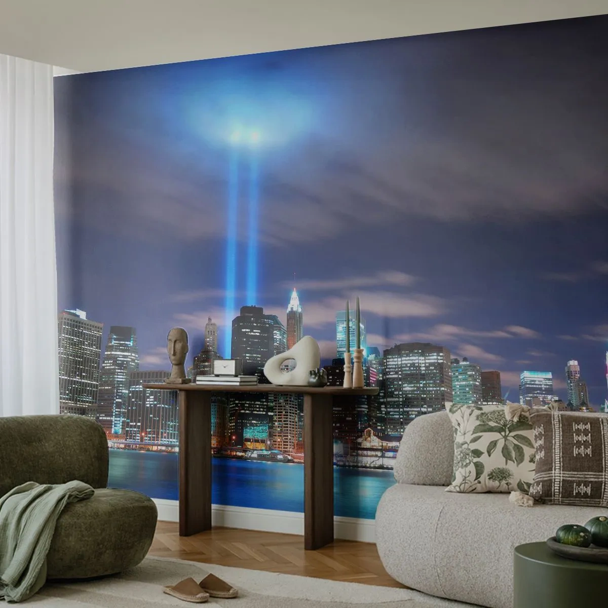 Papier Peint Photo Premium Sand - Panorama de la ville illuminé la nuit avec deux rayons lumineux - 100x70cm - Atteindre le ciel avec la lumière - Décoration murale moderne pour le salon et la chambre ARTTOR