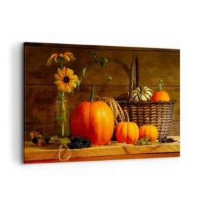 Impression sur toile - Image sur toile - Composition d'automne avec citrouilles et fleurs sur fond de bois - 120x80cm - Une composition rustique - cadeaux d'automne - Décoration murale moderne pour le salon et la chambre ARTTOR