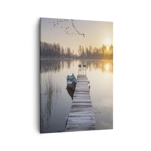 Impression sur toile - Image sur toile - Une jetée au bord du lac le matin avec un bateau et des chaises - 50x70cm - Je reviendrai - Décoration murale moderne pour le salon et la chambre ARTTOR