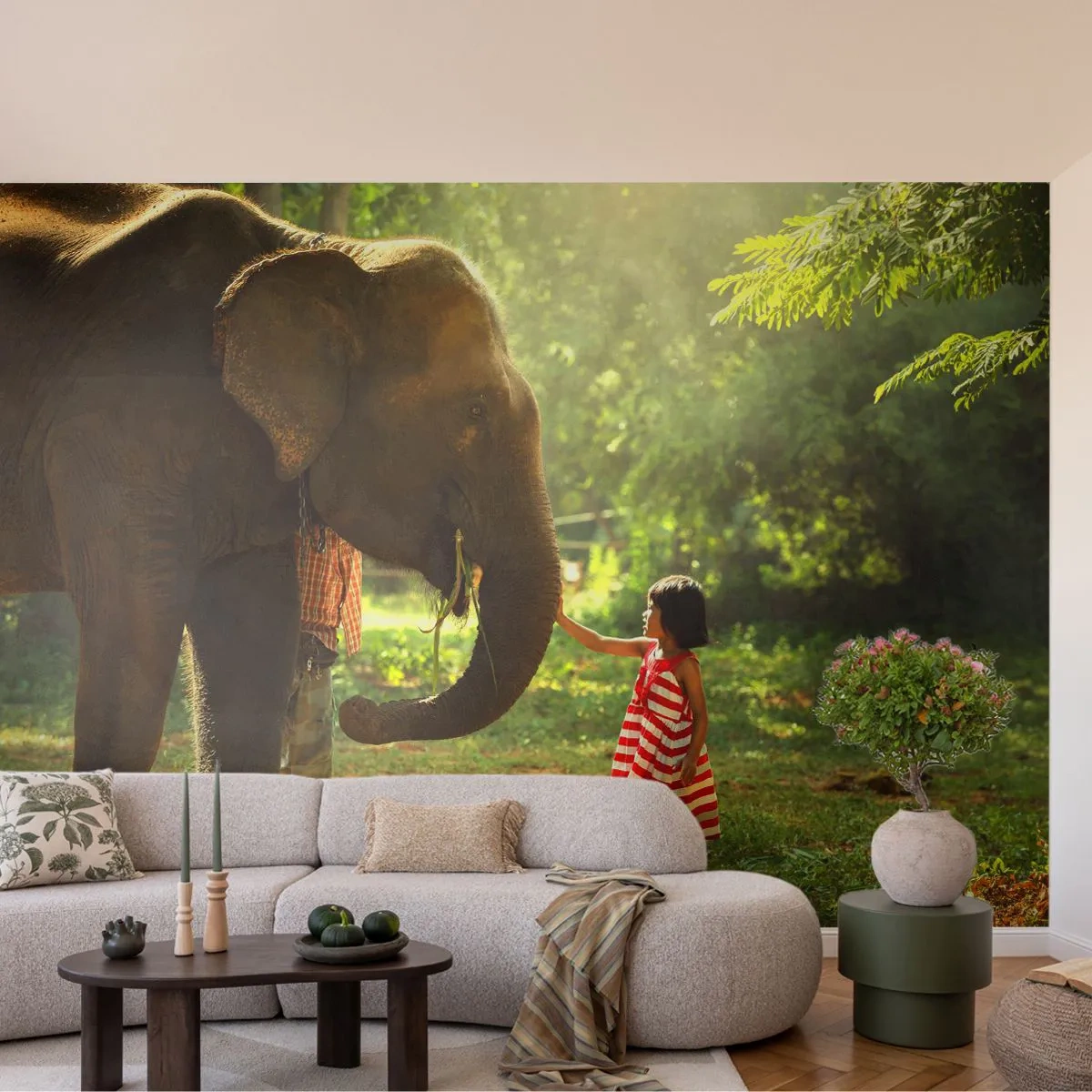 Papier Peint Photo Premium Sand - Une fille en robe rouge touchant la trompe d'un éléphant - 100x70cm - La force de l'amitié - Décoration murale moderne pour le salon et la chambre ARTTOR