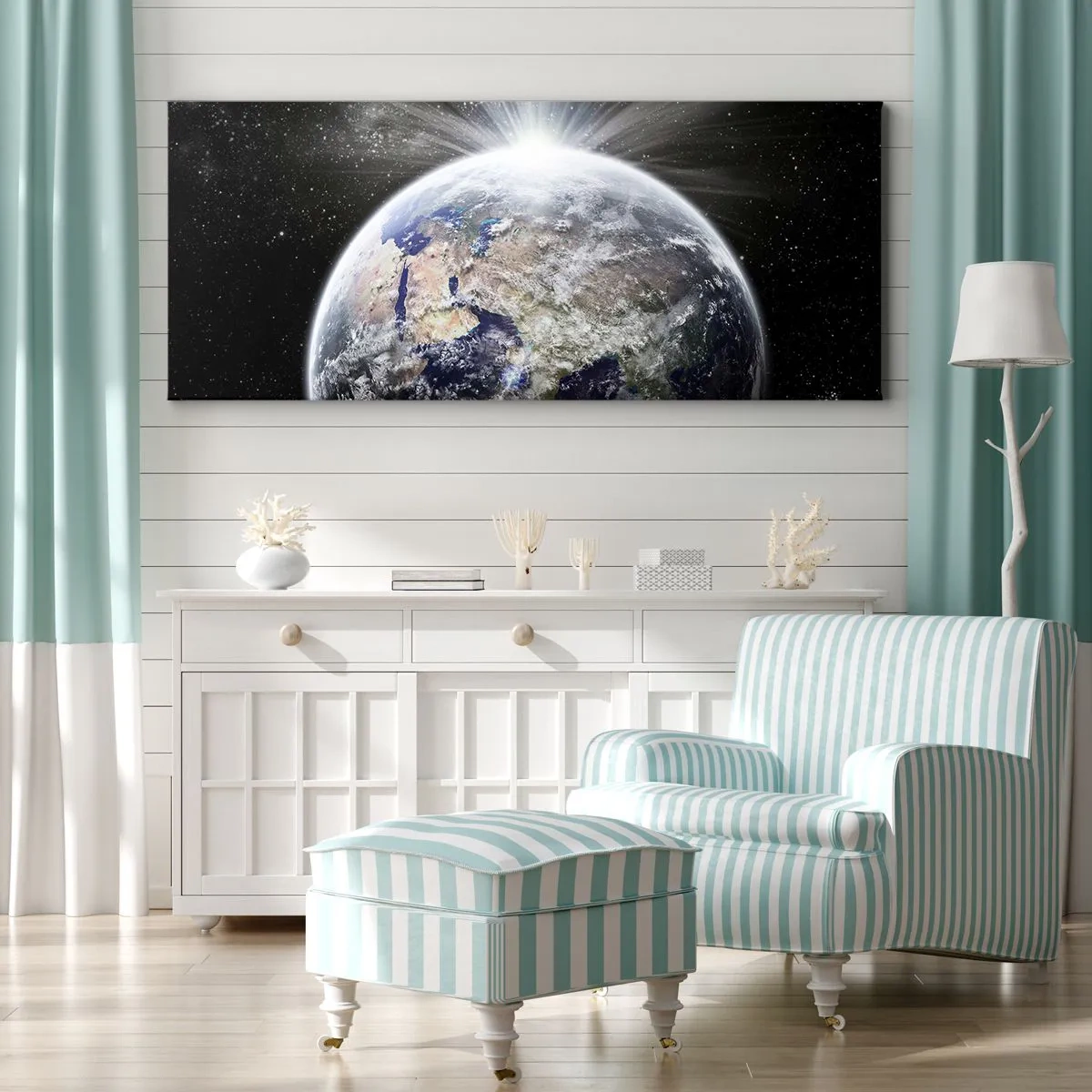 Impression sur toile - Image sur toile - La Terre et la Lune illuminées par la lueur de l'espace - 160x50cm - En pleine splendeur - Décoration murale moderne pour le salon et la chambre ARTTOR