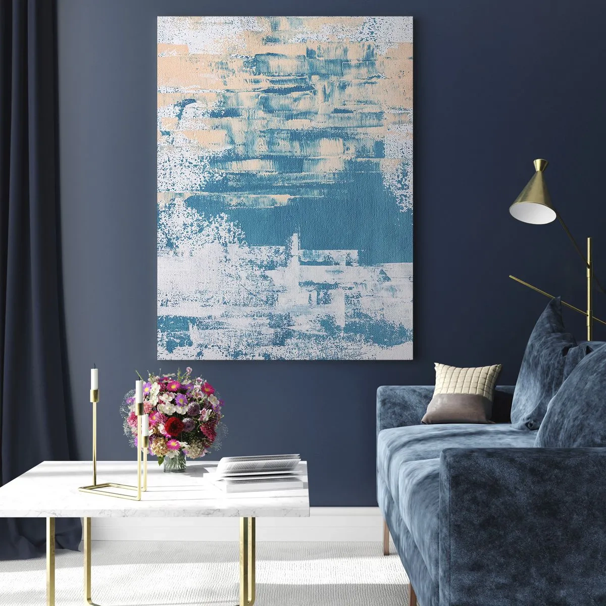 Impression sur verre - Image sur verre - Composition abstraite dans les tons de bleu et de blanc - 80x120cm - À travers un iceberg - Décoration murale moderne pour le salon et la chambre ARTTOR