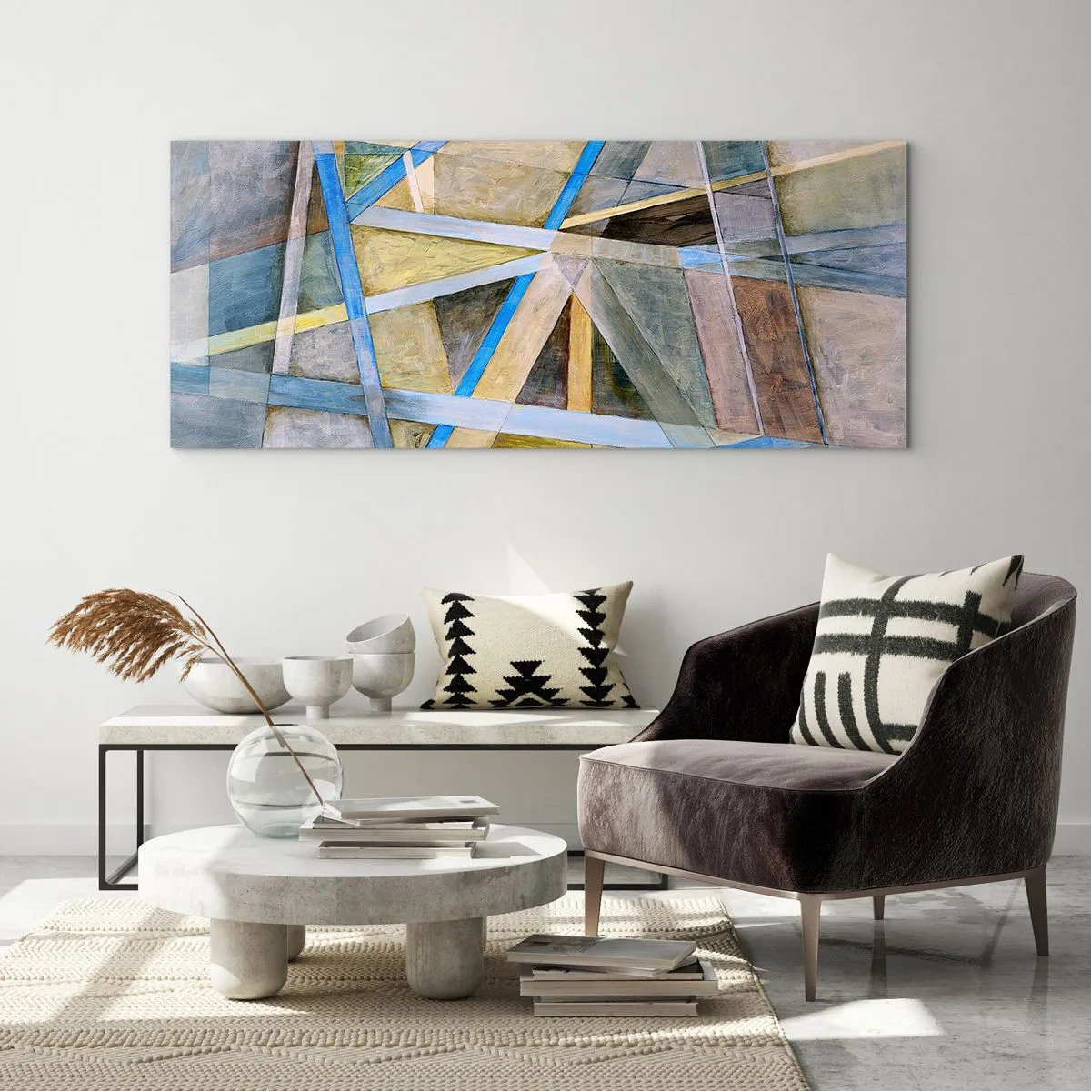 Impression sur verre - Image sur verre - Composition géométrique avec des lignes claires et bleues - 160x50cm - Tout droit ou en diagonale ? - Décoration murale moderne pour le salon et la chambre ARTTOR