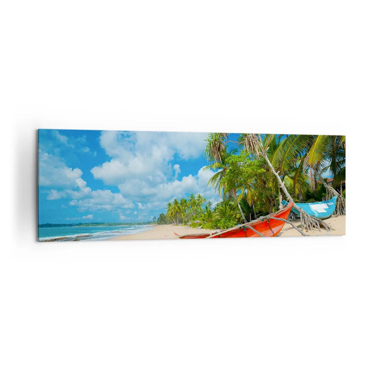 Impression sur toile - Image sur toile - Plage tropicale avec palmiers et bateaux colorés - 160x50cm - Le charme des tropiques - Décoration murale moderne pour le salon et la chambre ARTTOR