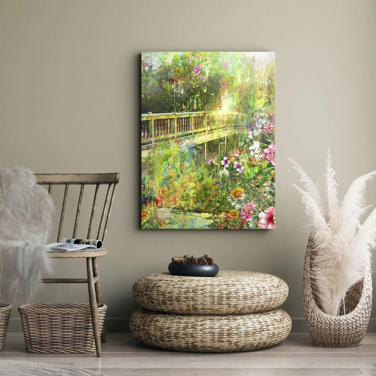 Impression sur toile - Image sur toile - Un pont entouré d'une végétation luxuriante et de fleurs - 80x120cm - Le soupire d'un pont de printemps - Décoration murale moderne pour le salon et la chambre ARTTOR