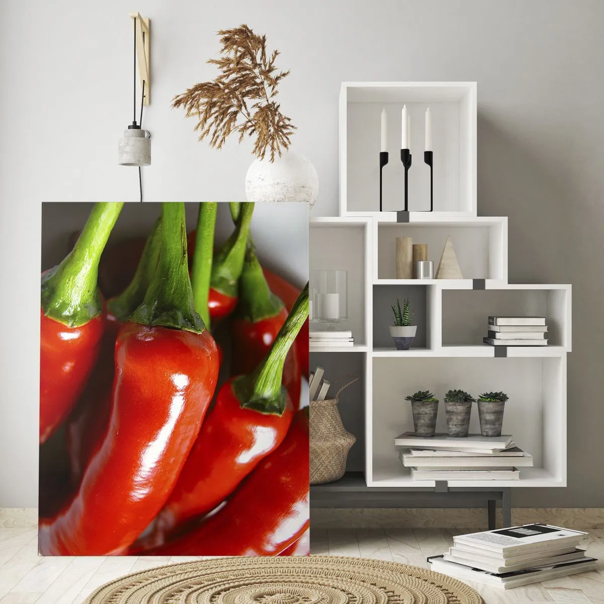 Impression sur verre - Image sur verre - Gros plan de piments rouges avec des tiges vertes - 70x100cm - Juteux, brillant, lisse - Décoration murale moderne pour le salon et la chambre ARTTOR