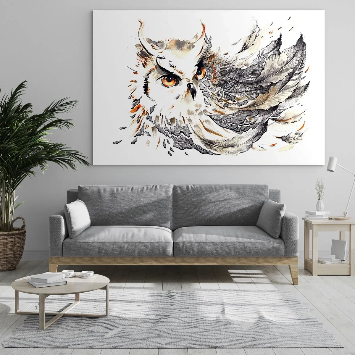 Impression sur verre - Image sur verre - Un hibou aux plumes artistiques dans les tons orange et gris. - 120x80cm - Elle vient du monde de la magie - Décoration murale moderne pour le salon et la chambre ARTTOR