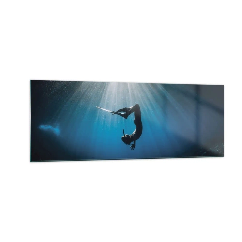 Impression sur verre - Image sur verre - Un plongeur flottant dans un faisceau de lumière sous l'eau - 140x50cm - Dans sous-marine - Décoration murale moderne pour le salon et la chambre ARTTOR