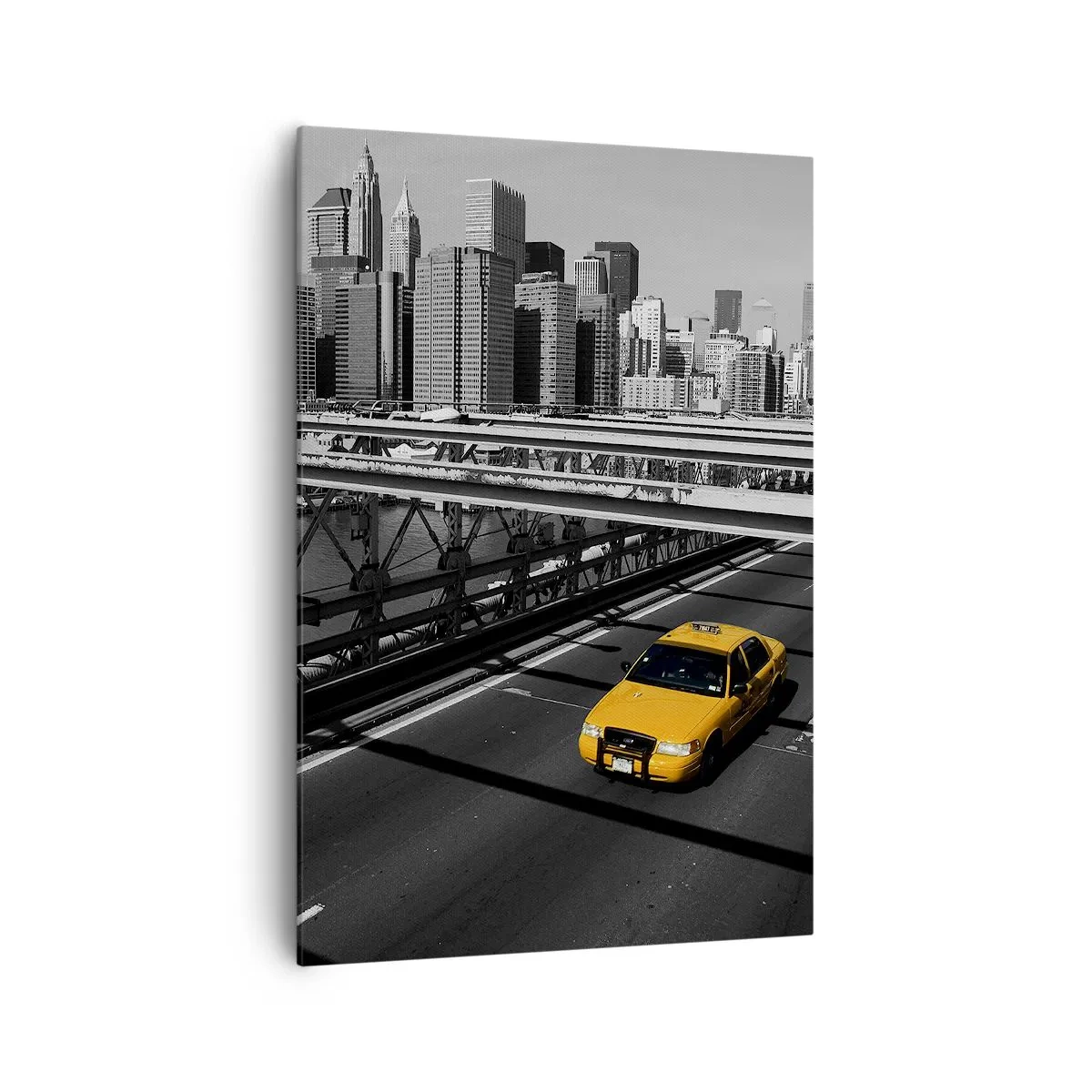 Impression sur toile - Image sur toile - Taxi jaune sur un pont avec vue sur les toits de New York - 70x100cm - Couleur de la grande ville - Décoration murale moderne pour le salon et la chambre ARTTOR