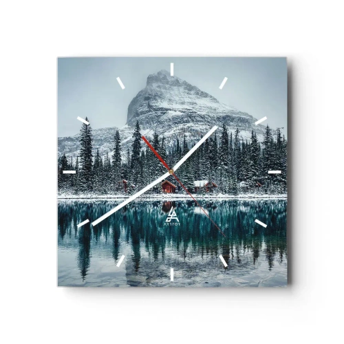 Horloge murale - Pendule murale - Paysage d'hiver avec des chalets dans la forêt au bord d'un lac gelé - 30x30cm - Retraite canadienne - Décoration murale moderne pour le salon et la chambre ARTTOR