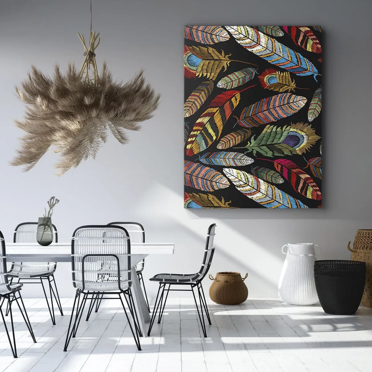 Impression sur toile - Image sur toile - Plumes colorées sur fond noir - 50x70cm - Le carnaval des oiseaux - Décoration murale moderne pour le salon et la chambre ARTTOR