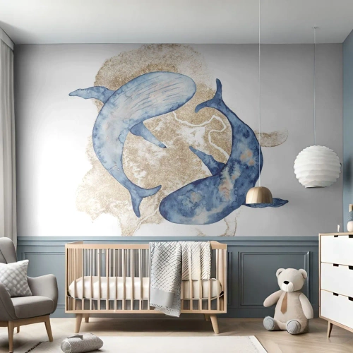 Papier Peint Photo Premium Sand - Deux baleines dans un style aquarelle sur un fond clair - 100x70cm - Amis ou amoureux? - Décoration murale moderne pour le salon et la chambre ARTTOR