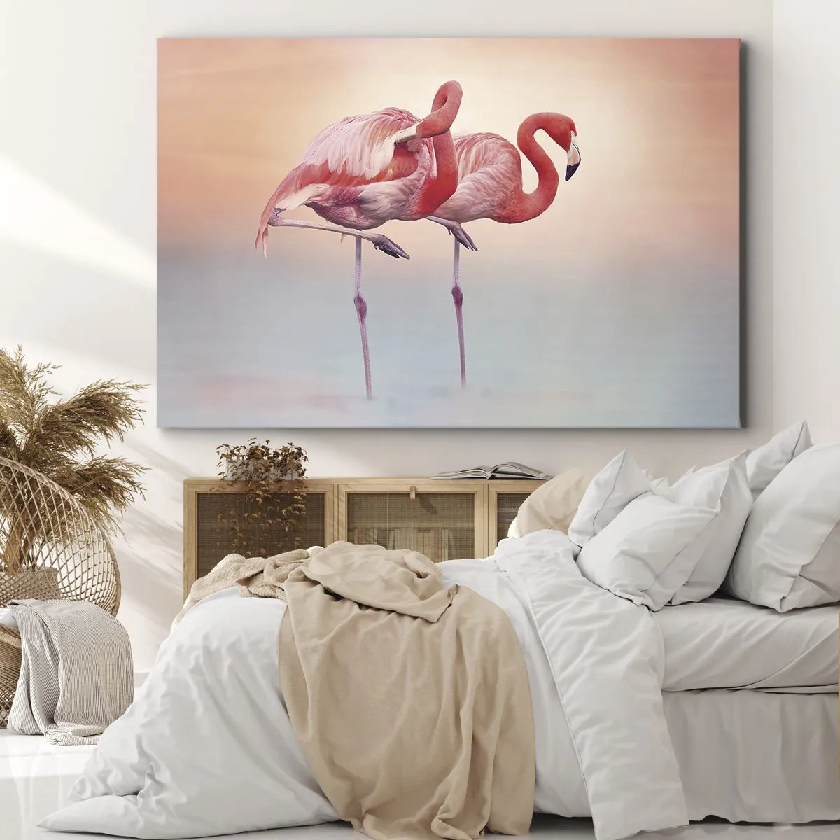 Impression sur toile - Image sur toile - Flamants roses aux couleurs pastel délicates sur fond d'eau - 120x80cm - Dans les couleurs du soleil couchant - Décoration murale moderne pour le salon et la chambre ARTTOR