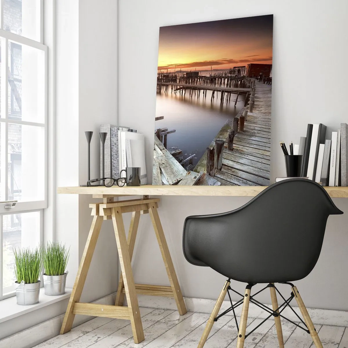 Impression sur verre - Image sur verre - Jetées en bois sur une eau calme au coucher du soleil - 70x100cm - Authentique, pas un attrape touristique - Décoration murale moderne pour le salon et la chambre ARTTOR
