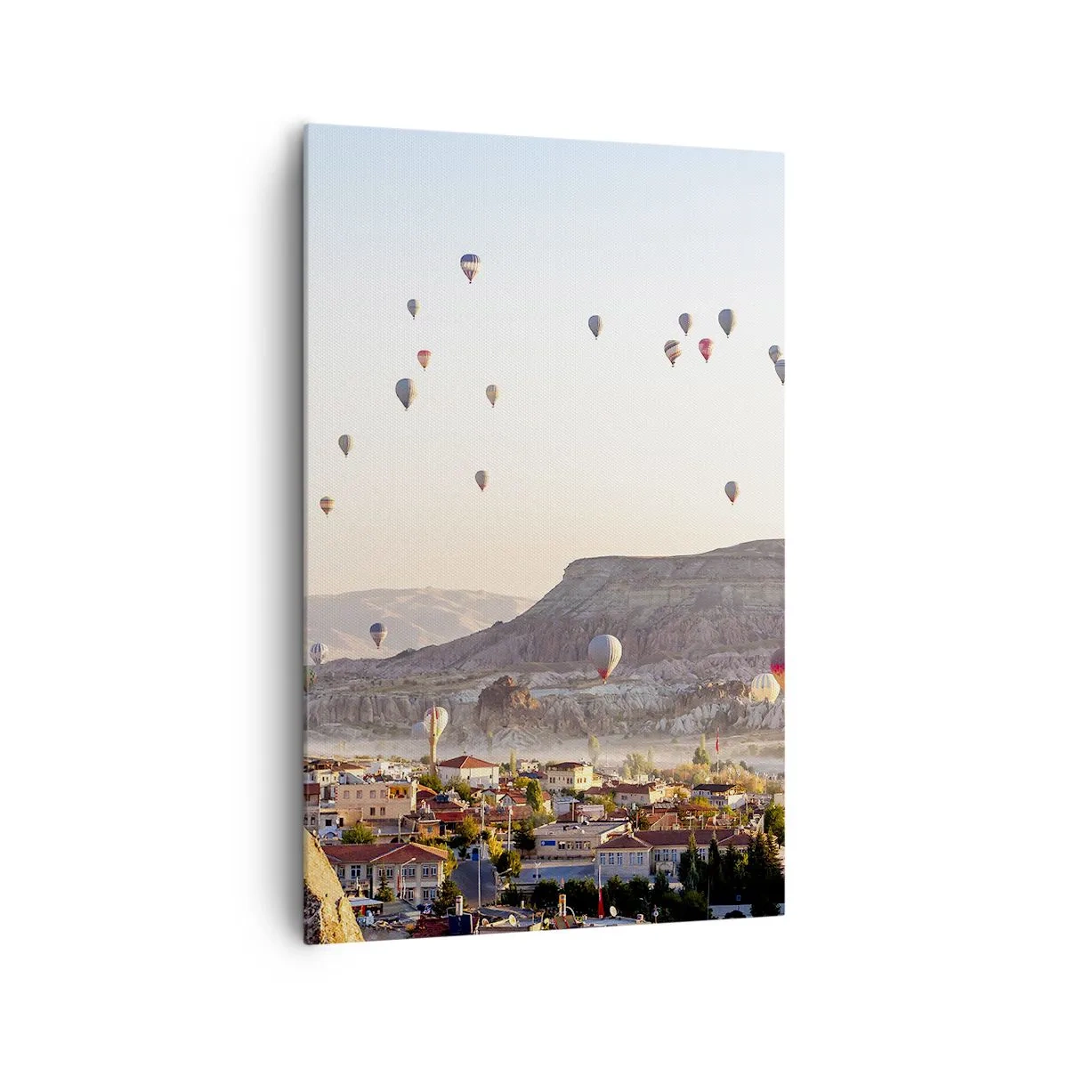 Impression sur toile - Image sur toile - Cappadoce avec des ballons sur fond de collines pittoresques - 80x120cm - Comme des navires dans le ciel - Décoration murale moderne pour le salon et la chambre ARTTOR