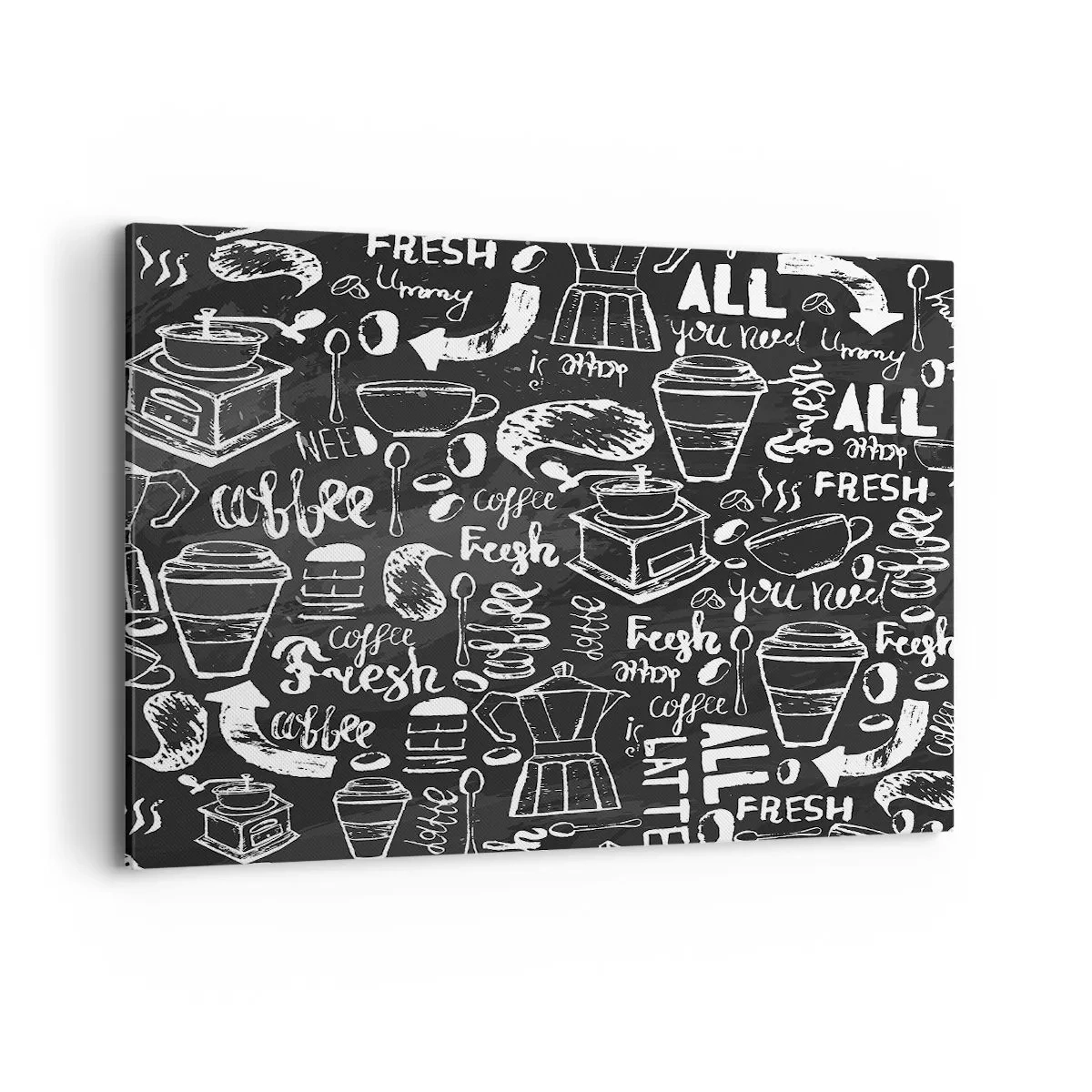 Impression sur toile - Image sur toile - Graphiques de café élégants sur fond noir - 100x70cm - Tout ce dont tu as besoin c'est… - Décoration murale moderne pour le salon et la chambre ARTTOR