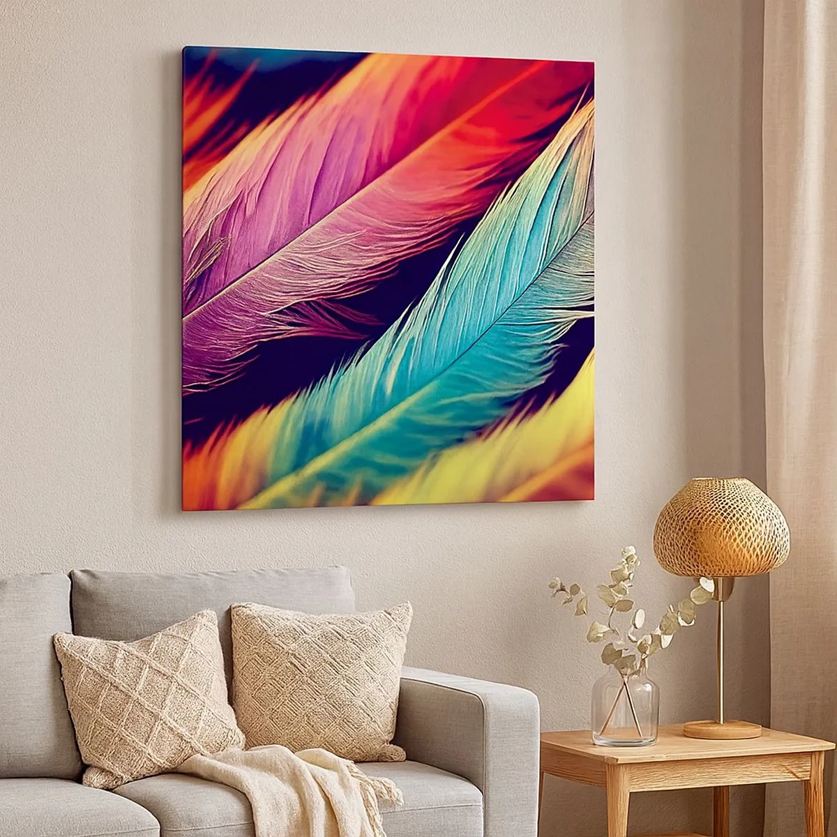 Impression sur toile - Image sur toile - Arc-en-ciel de plumes - 30x30 cm