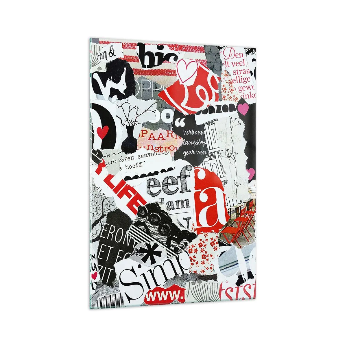 Impression sur verre - Image sur verre - Un collage coloré avec des inscriptions, des cœurs et des graphiques. - 70x100cm - Collage hipster - Décoration murale moderne pour le salon et la chambre ARTTOR