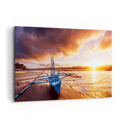 Impression sur toile - Image sur toile - Bateau bleu sur la plage au coucher du soleil - 120x80cm - Allongez-vous dans le sable après une longue journée - Décoration murale moderne pour le salon et la chambre ARTTOR