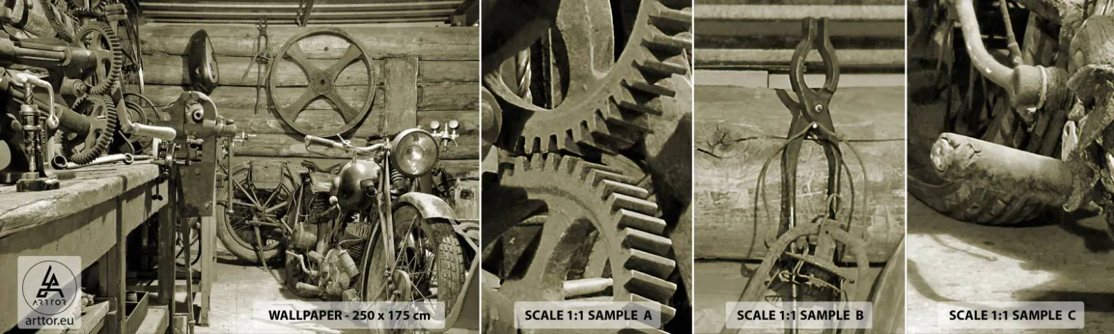 Échantillon De Papier Peint Standard Eco - Dans le hangar de l'oncle Władek - Moto, Atelier de réparation automobile, Ancien - 100x30 cm