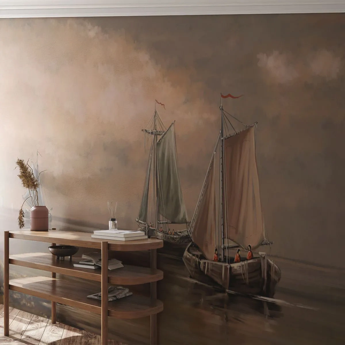 Papier Peint Autocollant Deluxe Sticker - Le retour des marins - Paysage, Bateau de pêche, Nature - 250x175 cm