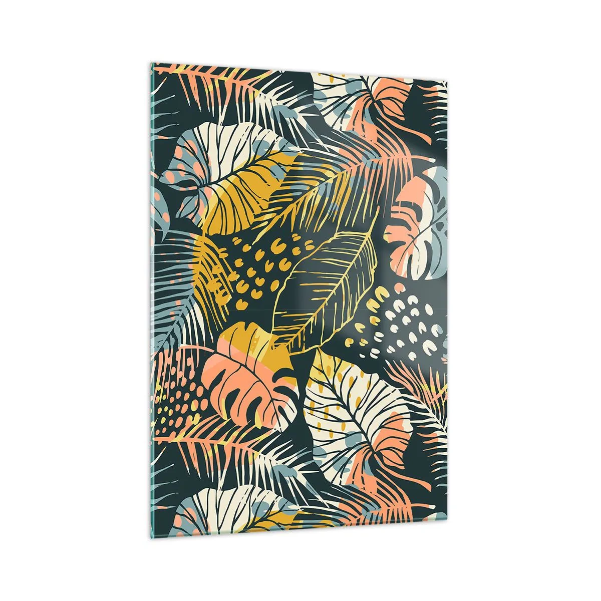 Impression sur verre - Image sur verre - Un motif de feuilles tropicales aux couleurs vibrantes, pleines d'énergie et d'exotisme. - 50x70cm - Fantaisie feuillue - Décoration murale moderne pour le salon et la chambre ARTTOR