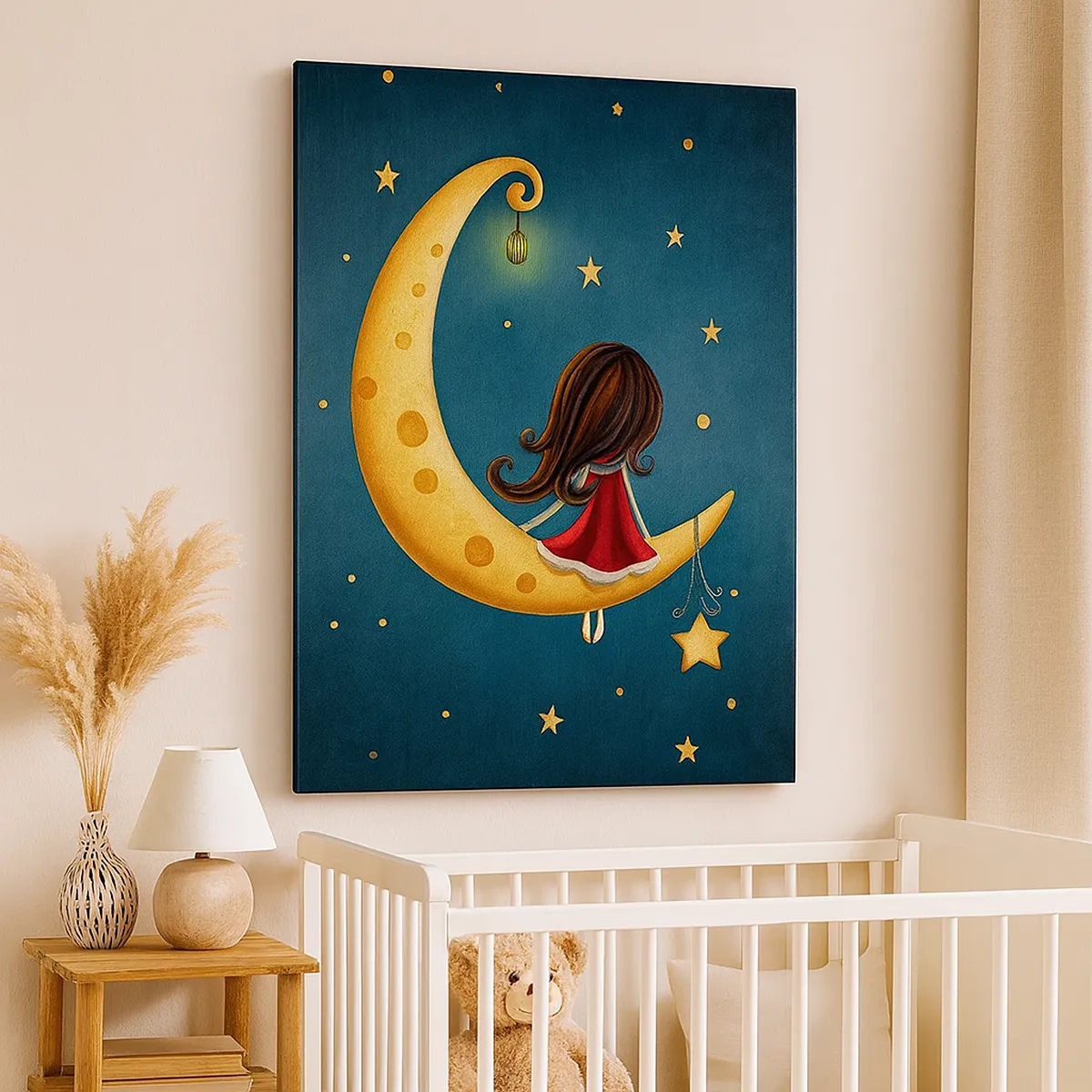 Impression sur toile - Image sur toile - Une fille sur la lune entourée d'étoiles - 50x70cm - Il était une fois... - Décoration murale moderne pour le salon et la chambre ARTTOR