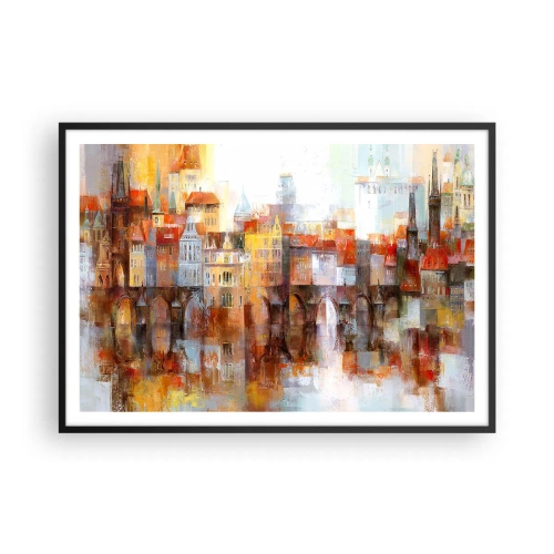 Affiche dans un cadre noir - Poster - Un panorama pittoresque de la ville avec un pont aux couleurs d'automne - 100x70cm - C'est aussi beau sous le pont - Décoration murale moderne pour le salon et la chambre ARTTOR