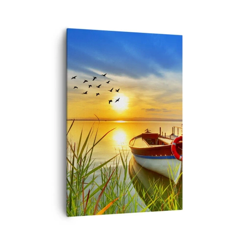 Impression sur toile - Image sur toile - Un bateau sur la rive d'un lac au coucher du soleil - 70x100cm - Les cormorans s'envolent déjà - Décoration murale moderne pour le salon et la chambre ARTTOR