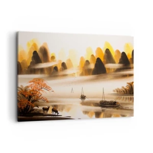 Impression sur toile - Image sur toile - Un paysage oriental avec une rivière, des montagnes et un doux brouillard. - 120x80cm - Plus loin que l'Extrême-Orient - Décoration murale moderne pour le salon et la chambre ARTTOR