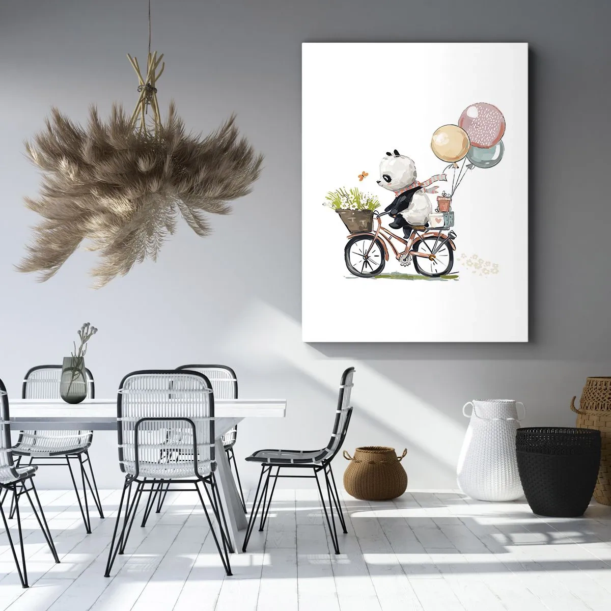 Impression sur toile - Image sur toile - Panda sur un vélo avec des ballons et des fleurs - 80x120cm - Jour de chance - Décoration murale moderne pour le salon et la chambre ARTTOR