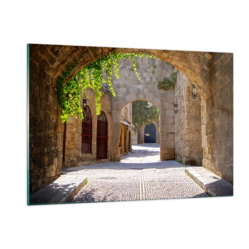 Impression sur verre - Image sur verre - Une rue en pierre avec des arches et des vignes au soleil - 120x80cm - Le cortège apparaîtra bientôt - Décoration murale moderne pour le salon et la chambre ARTTOR